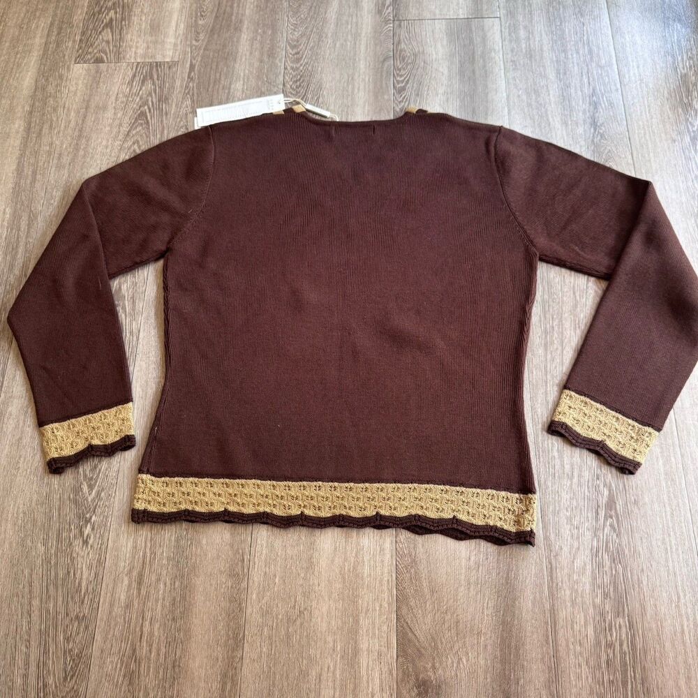 New Womens Brown Beige Wool Blend Knit V-Neck Long-Sleeve Sweater Embodied - Picture 5 of 11